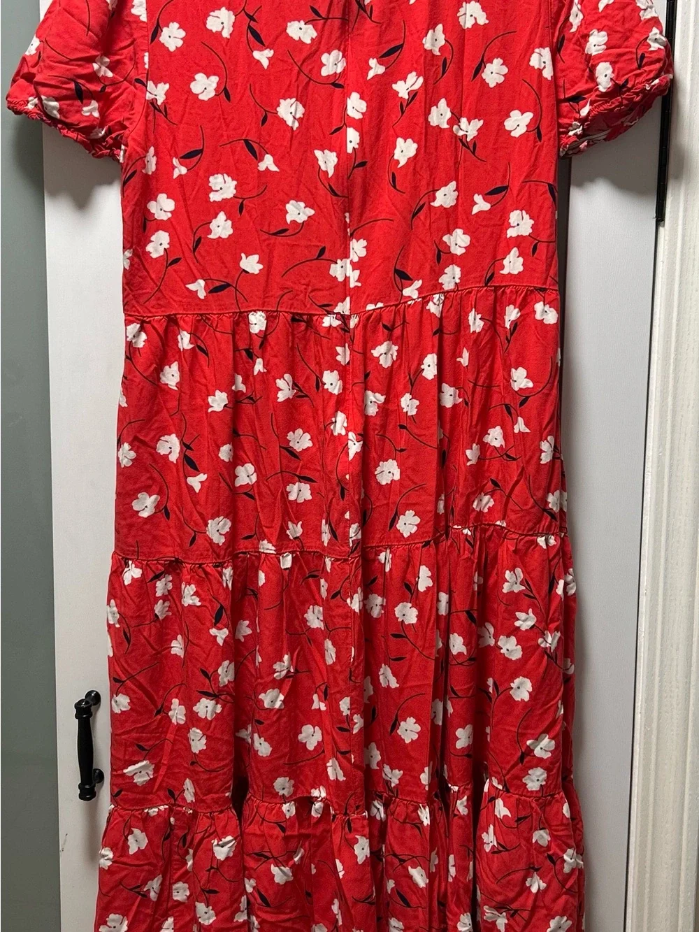 J.Crew Factory Red Floral Puff Sleeve Tiered Midi Dress Size Medium